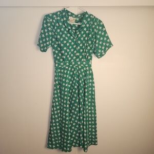 VTG 60s 70s Bright Green White Floral Print Retro Pinup Rockabilly Shirt Dress 4